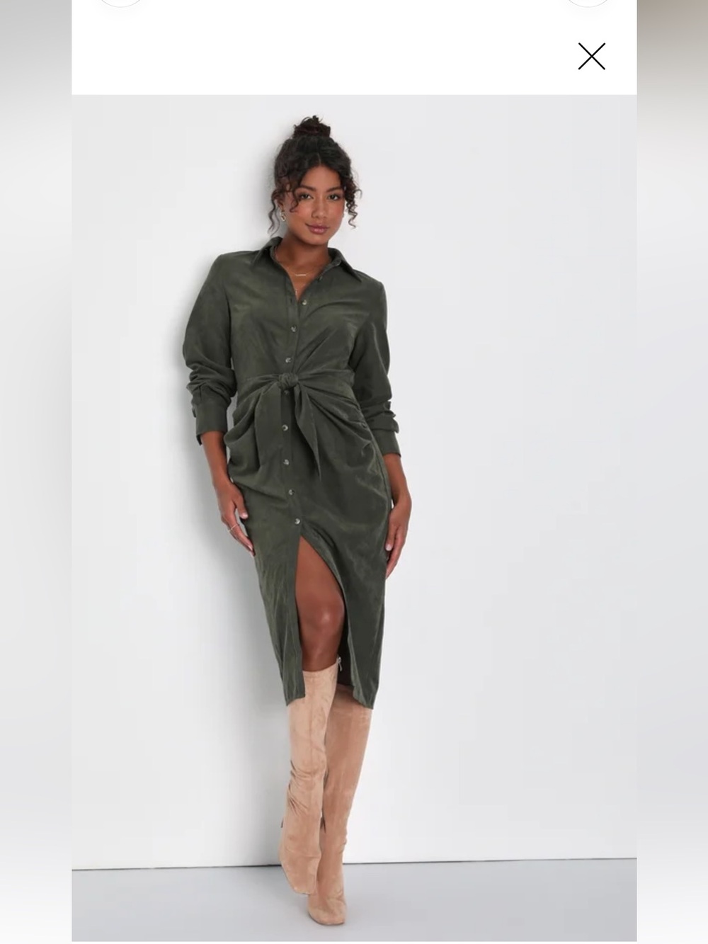 Lulu's Olive Green Tie-Waist Button-Front Shirt Dress